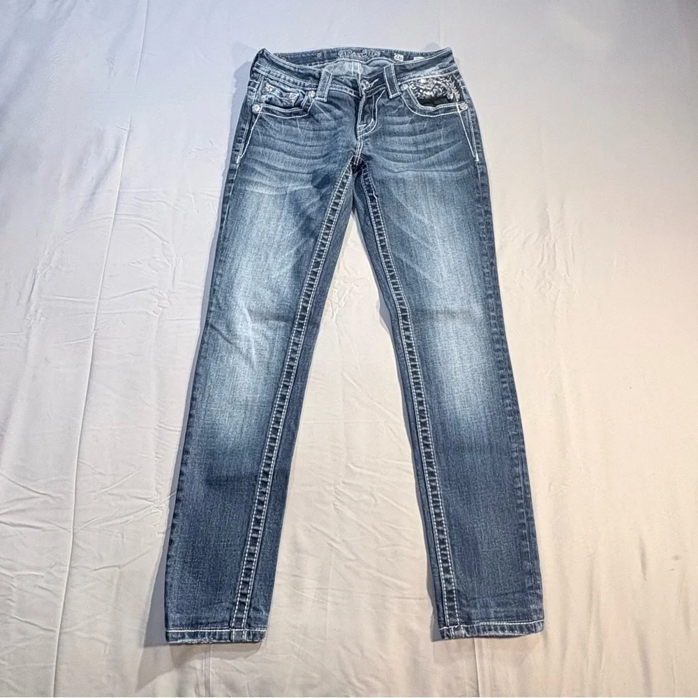 Miss Me Signature Skinny Jeans Embellished Pocket Mid Rise Stretch Sz 26💛